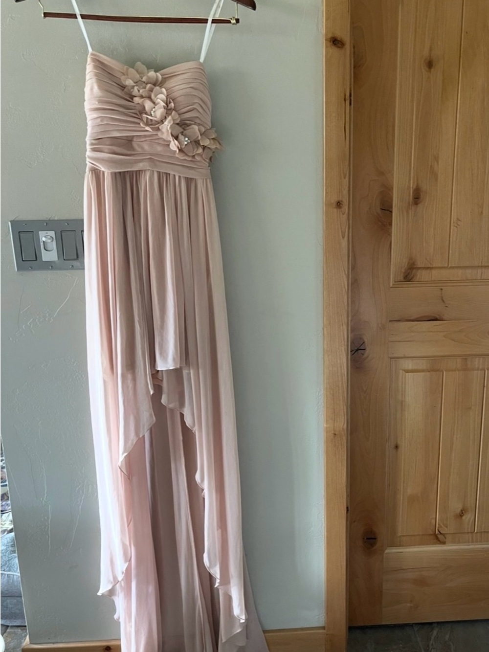 City Studio Strapless Blush Pink High-Low Chiffon Dress with Floral Detail